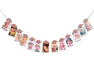 ZAIBIANHAO Football Hanging Photo Display – Sports Theme Banner for First Birthday,Monthly Milestones Room Wall Decor Picture Frames Collage, Photo Banner from Newborn to 12 Months Football Party Supplies (12 months photo hanging banner)