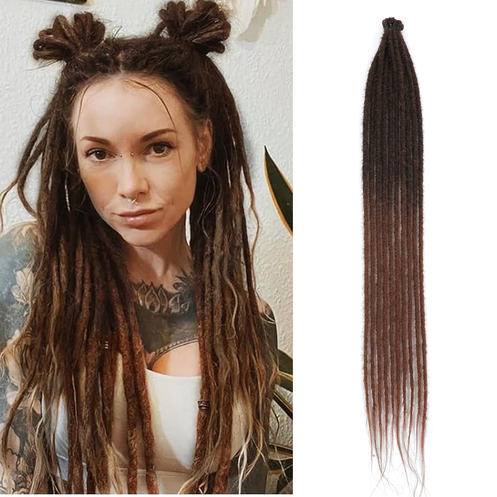 24 Inch Ombre Brown Dreadlock Extension 10 Strands Hippie Single Ended Dreads Synthetic Thin Dreadlock for Woman Handmade Soft Dreads Hair Extensions(1B/30, SE 10 Strands)