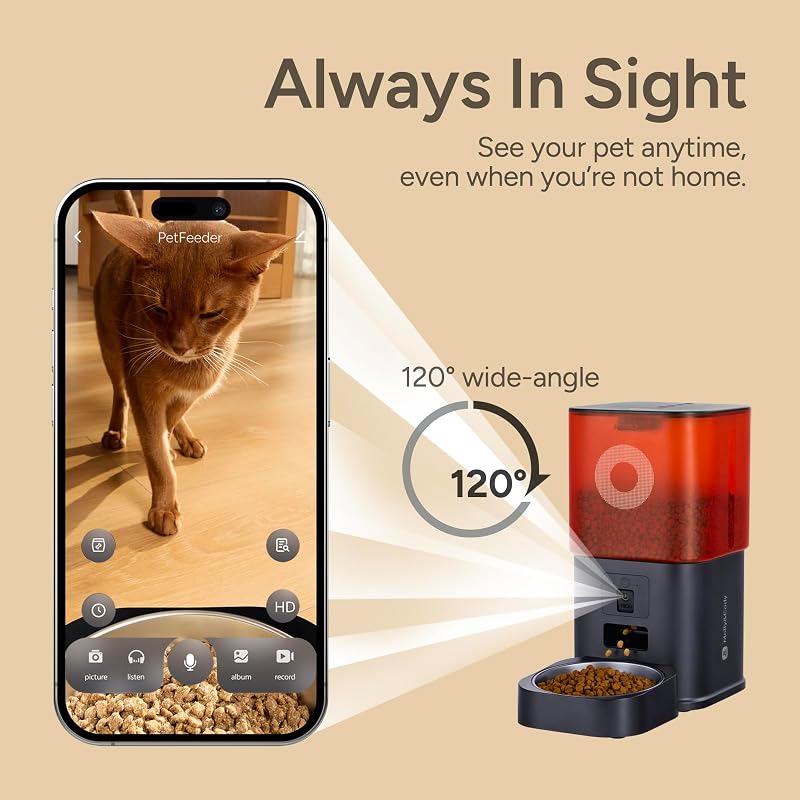 Futterautomat Katze mit Kamera 6L, Automatischer Katzen Futterautomat für Katzen und Hunde, App-Steuerung per WLAN, 2-Wege-Audio, Nachtsicht, Futterspender mit Edelstahlnapf (Weiß & Rot)
