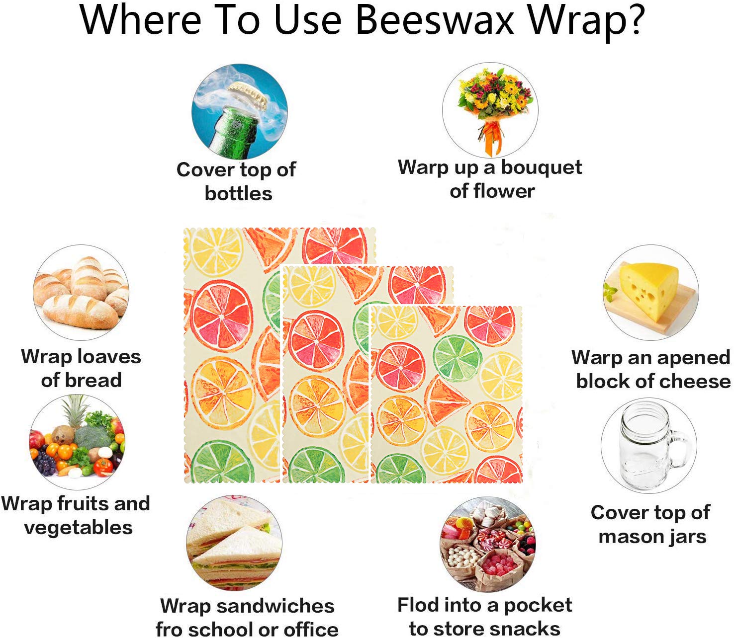 POWERbeast Beeswax Wrap Reusable Organic Beeswax Food Packaging Eco Friendly, Zero Waste, Alternative to Cling Film, Washable Reusable Wax Food Wrap - Set of 3 (Large, Medium, Small)