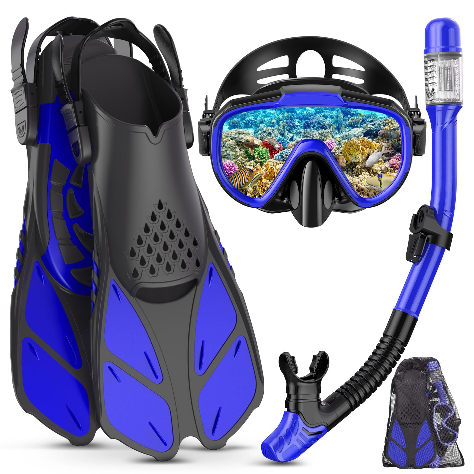 Lealinga Snorkel Set Adult with Flippers, Anti-Fog Diving Set, Dry Snorkel, Adjustable Flippers, Snorkelling Packages for Men and Women