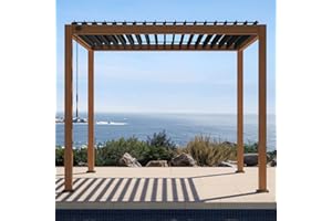 MIRADOR 111S Takasho Louvered Pergola, 10Ft x 10Ft, Full Aluminum Frame, Adjustable Roof for Outdoor Deck Garden PatioDurable, Cherry Oak