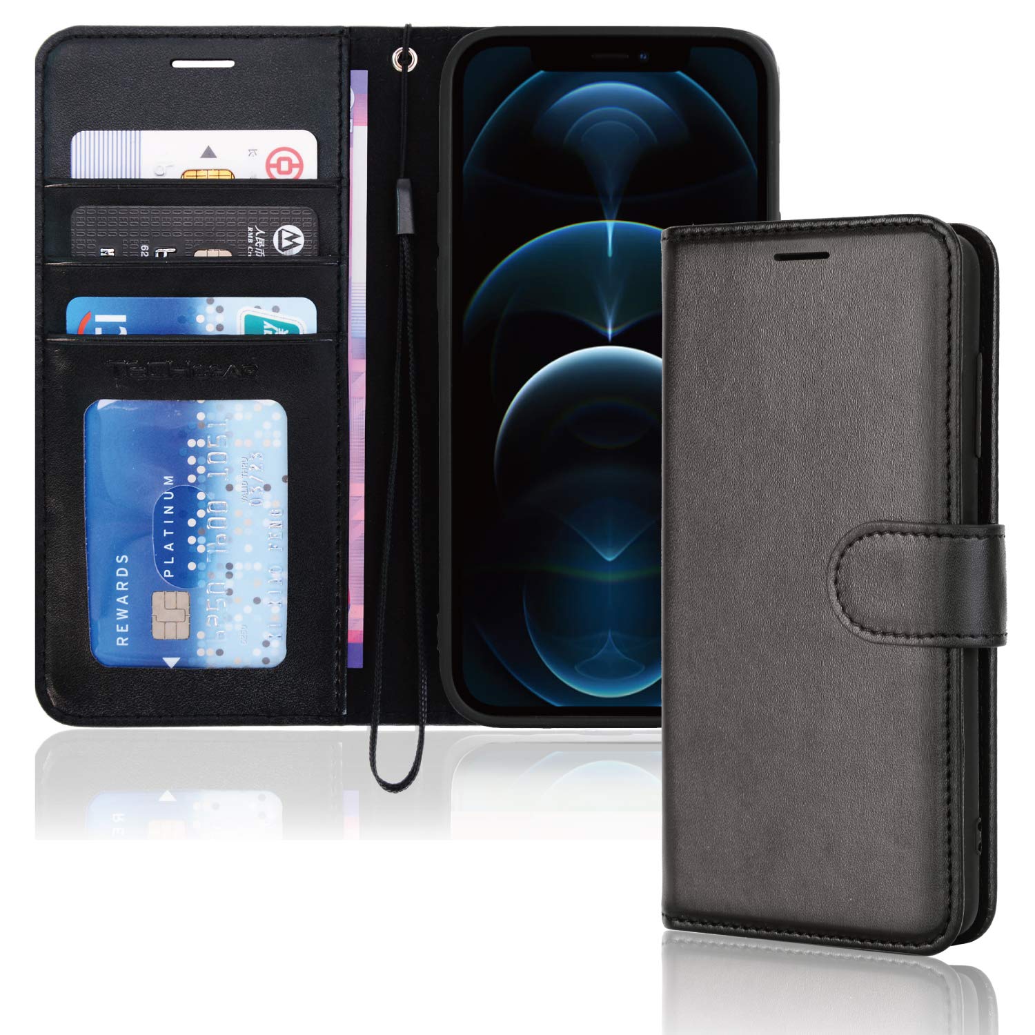 TECHGEAR iPhone 12 Pro Max Leather Wallet Case, Flip Protective Case Cover with Wallet Card Holder, Stand and Wrist Strap - Black PU Leather with Magnetic Closure Designed for iPhone 12 Pro Max 6.7"