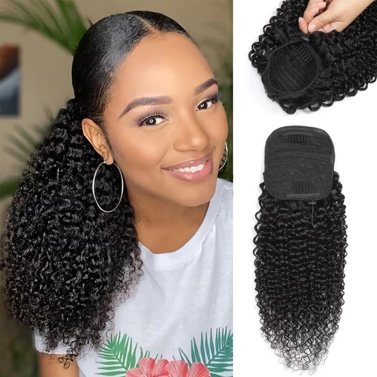 Yacurcur Kinky Curly Ponytail Human Hair Drawstring Ponytail for Black Women 10A Brazilian Virgin Human Hair 4C Curly Ponytail Extension Natural Black 14 Inch — image 1