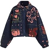 CIDER Sherpa Jacket Women Fleece Jacket Turtle Neck Floral Cropped Graphic Zipper Jacket for Winter