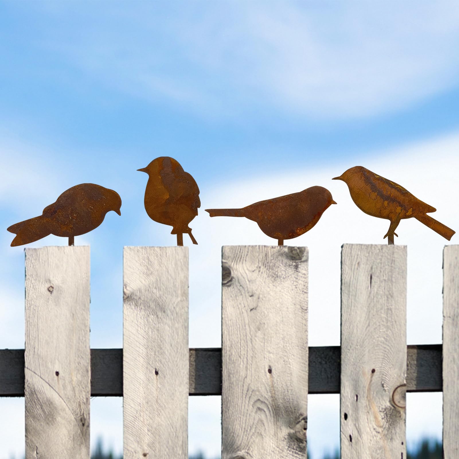 Photo 1 of Reagia Rusty Birds Decoration, Metal Birds Statues, Lifelike Patina Metal Birds Garden Ornaments Silhouette, Garden Fence Decor Country Yard Art Gardening