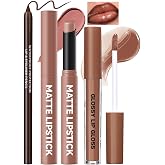 Noerrors Juicy Nude Lip Kit with Matte Lipstick &amp; Nourishing Lip Gloss &amp; Brown Lip Liner, Moisturizing Glossy High Shine Pluming Lip Combo for Women, Smooth Tinted Lip Glow Oil Lip Contour Trio Set