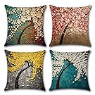 Cotton Linen Throw Pillow Case U-LOVE Oil Painting Square Decorative Cushion Cover for 18 X 18 Inch Pillow Inserts,4 pack