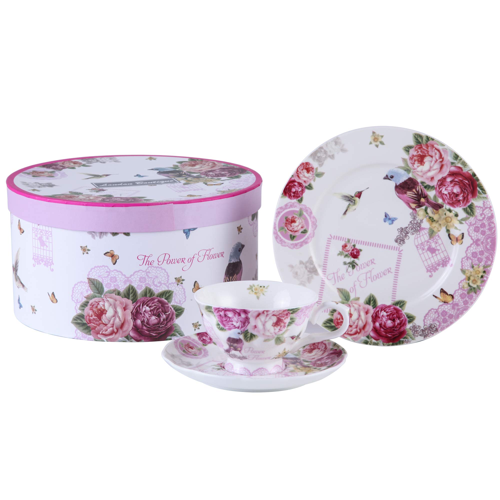 Tea Cup Saucer Cake Plate Set Coffee Cups and Saucers Gifts for Women Afternoon Tea Set New Bone China Vintage Flora Rose for Home Restaurants Tea House (Bird Rose Butterfly)
