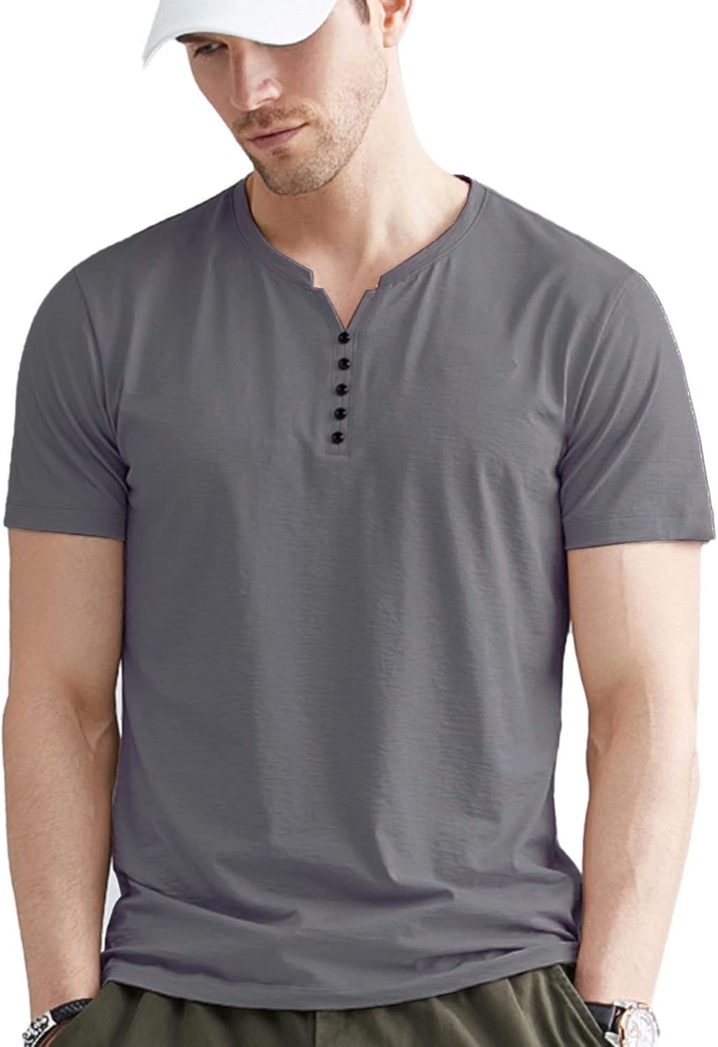 LecGee Men's Cotton Henley Shirt Short Sleeve Regular Fit Henley Top Casual Fashion T-Shirt with Buttons: Clothing