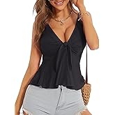 HUHOT Women's Floral Ruffle Top Tie Front Sleeveless V Neck Adjustable Spaghetti Strap Cami