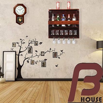 BHARAT FURNISH HOUSE-Wooden Wall Hanging Design Bar | Bar Cabinets for Home | Mini Bar for Home | Solid Wood Make Wine Storage Cabinet with Glass Hanging Space-Mahogany Finish