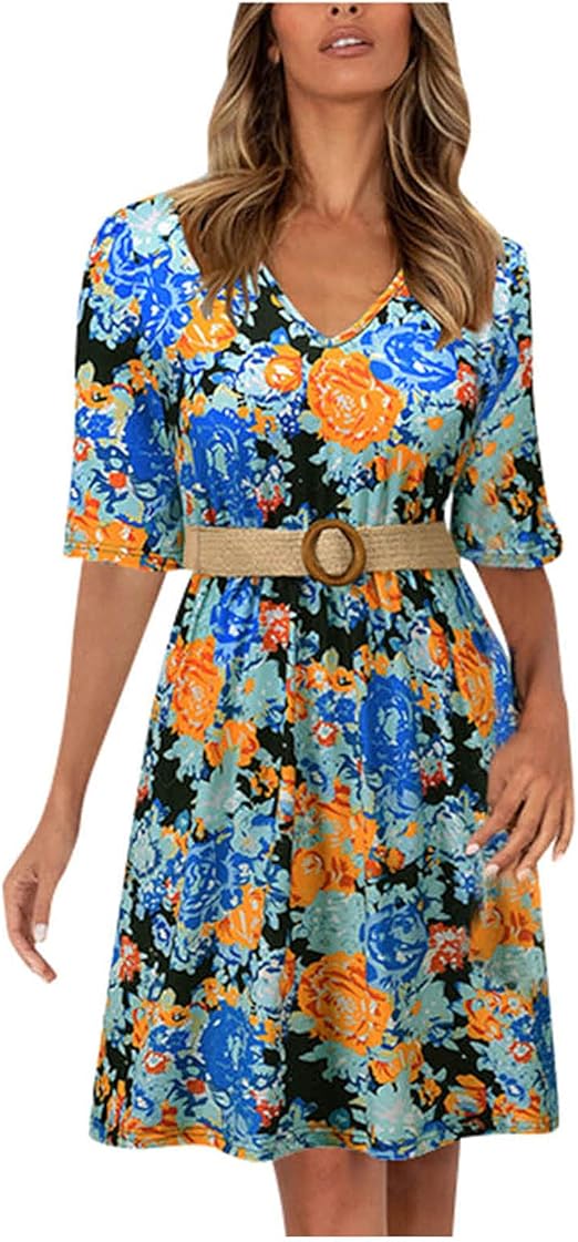 TYTUOO Sexy Women's Summer Dress Casual Short Sleeve Aline VNeck