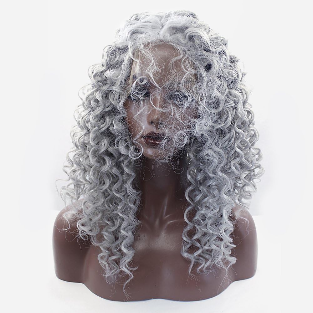 Headband Wig African American Kinky Curly None Lace Front Wigs,Afro Curly Hair Machine Made Headband Wig for Black Women 150% Density Natural Color Wig (26inch, Gray)