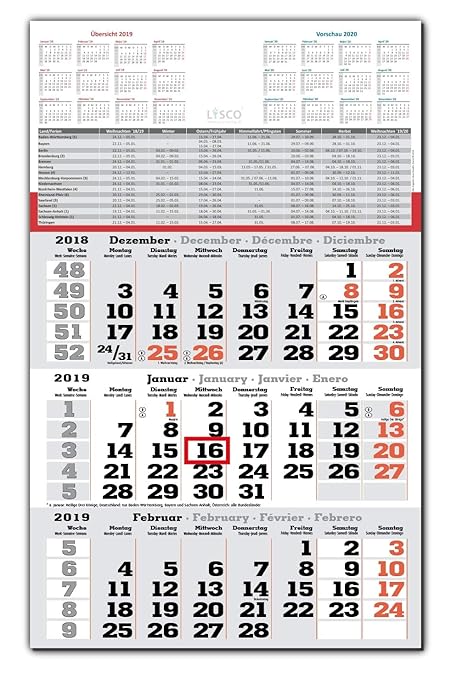 3 Monats Wandkalender 2019 mit Datumschieber in Rot, inkl. Ferienübersichten und Jahresüberblick 2019 und 2020, Dreimonatskal