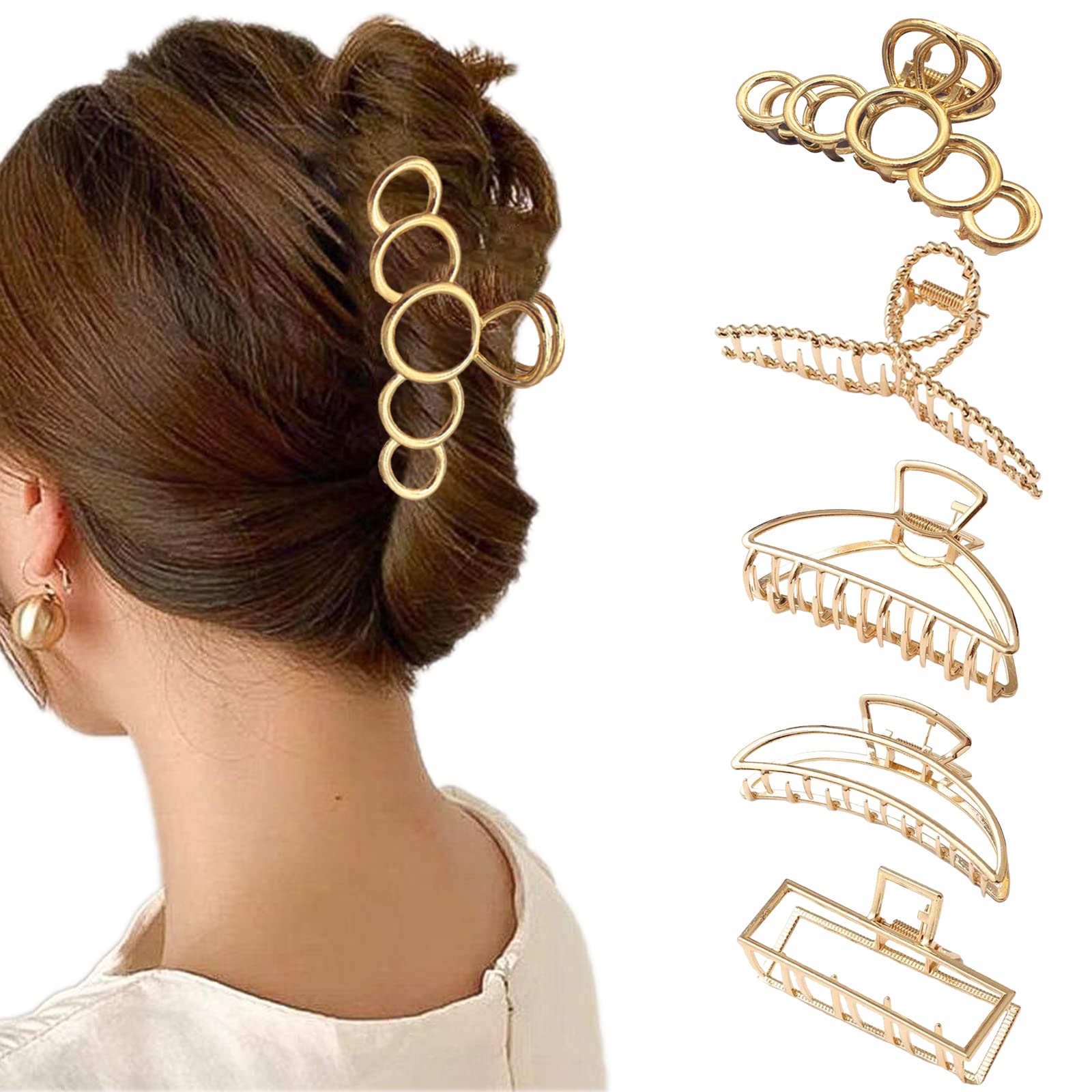 5 Pcs Hair Claw Clips Metal Large Hair Clips Strong Hold Hair Claw Anti-Slip Gold Claw Clips For Thick Hair Vintage Shark Hair Clip Clamps Hair Accessories For Women (Metal C)