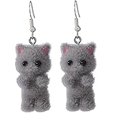 Fuzzy Cat Earrings Cute Kawaii Cat Dangle Drop Earrings for Women