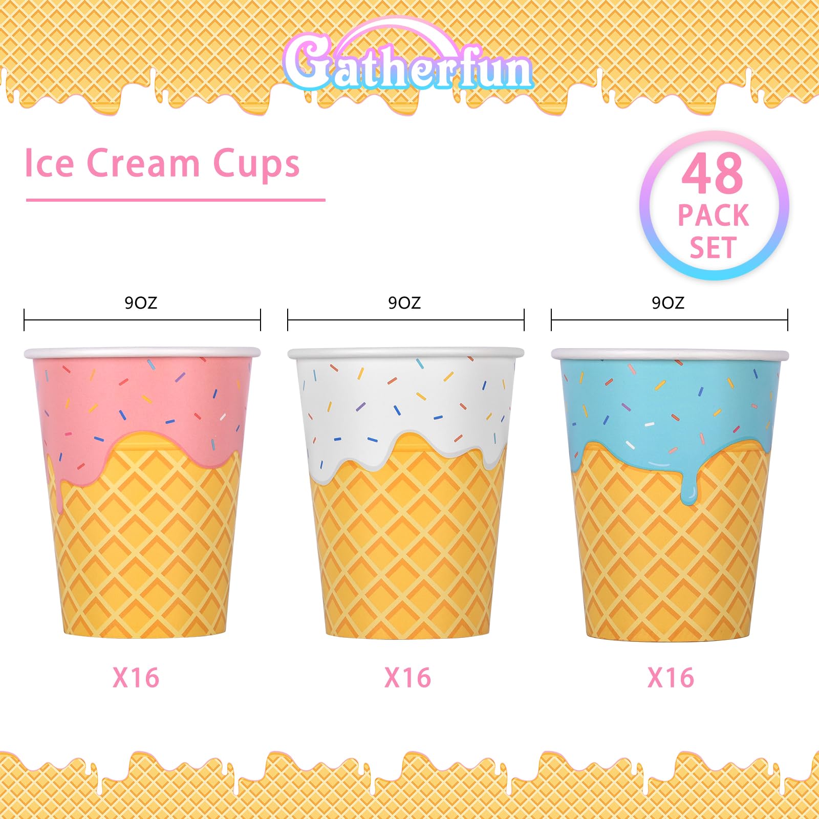 Gatherfun Ice Cream Party Supplies Set for Kids & Girls Birthday Paper Cups,48-Pack 9-oz Baby Shower & Ice Cream Birthday Party Decorations（mix 3 designs）