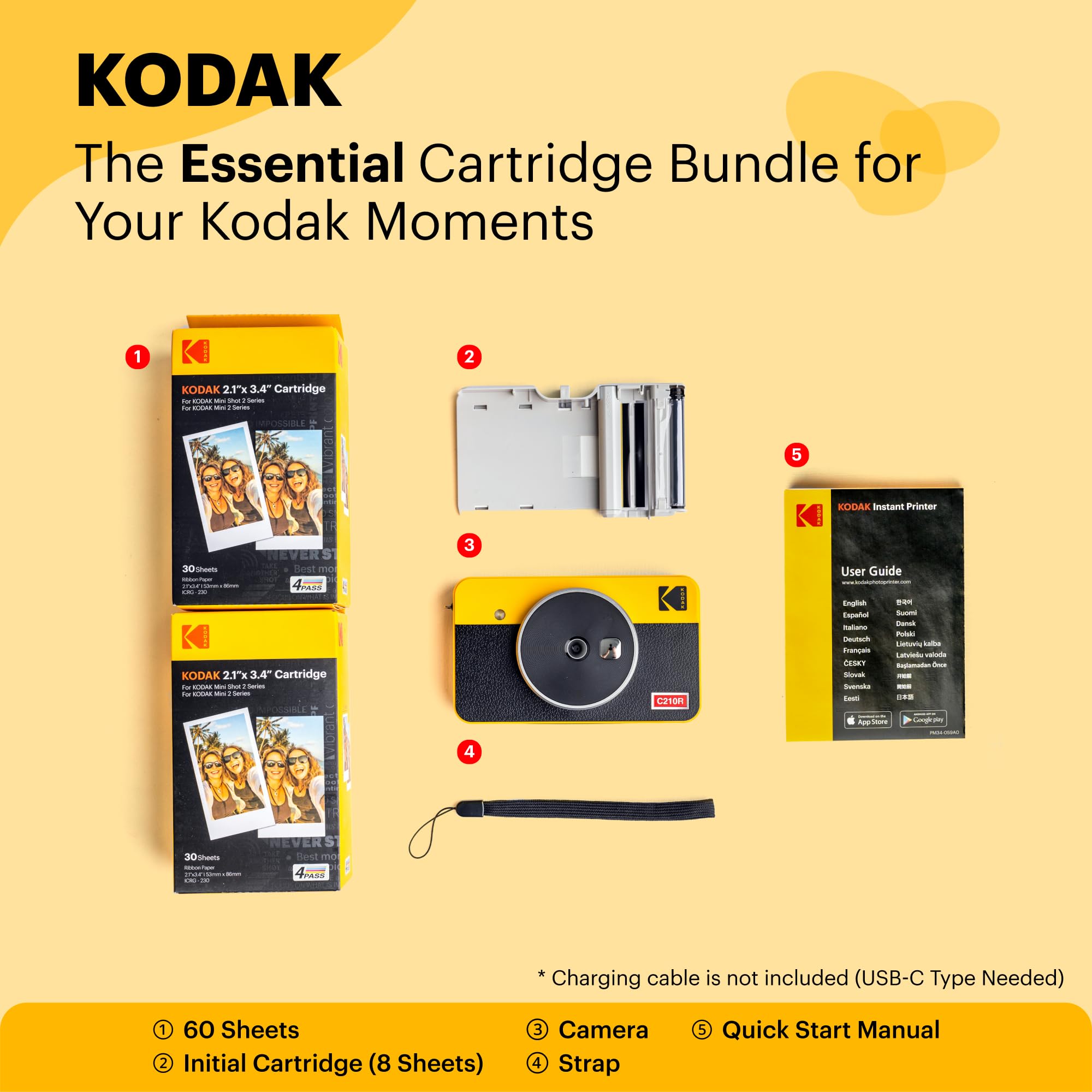 KODAK Mini Shot 2 Retro 4PASS 2-in-1 Instant Digital Camera and Photo Printer (2.1x3.4 inches) Initial 8 Sheets + 60 Sheets Bundle, Yellow
