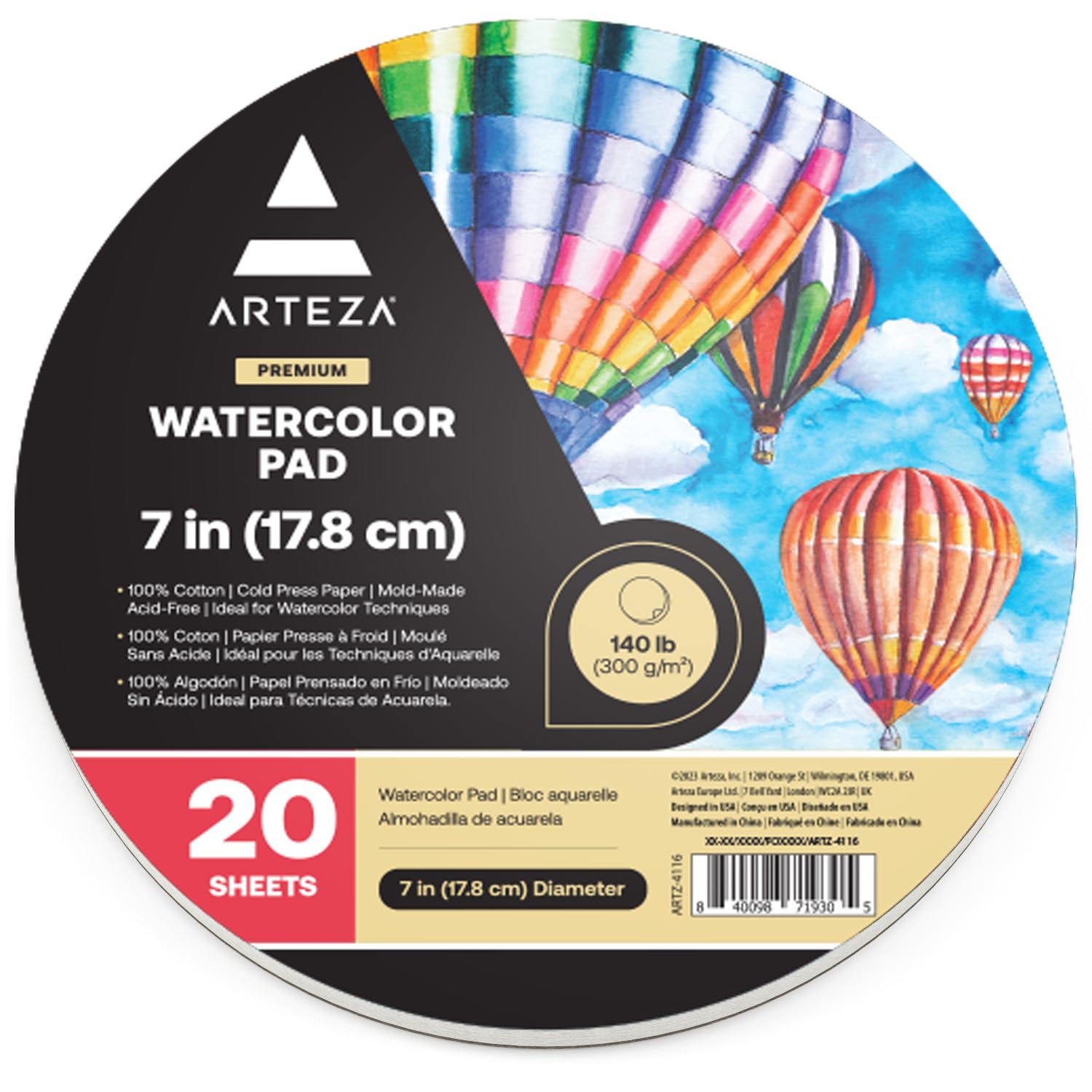 ARTEZA Round Watercolour Paper Pad [17.8 cm Diameter, 20 Sheets] - Thick 300 GSM Paper for Drawing, Sketching, Acrylic & Watercolour Painting