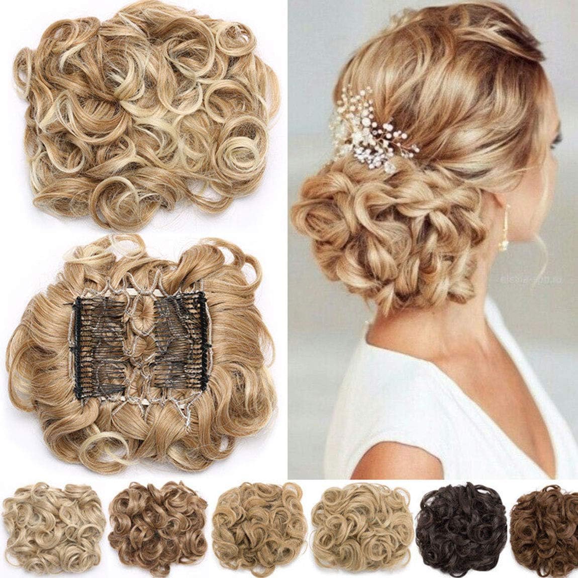 Short Combs Messy Curly Wavy Hair Extensions Bun Piece Up Do Drawstring Ponytail Clip in Comb Hair Extensions Chignon Sandy Brown mix Bleach Blonde