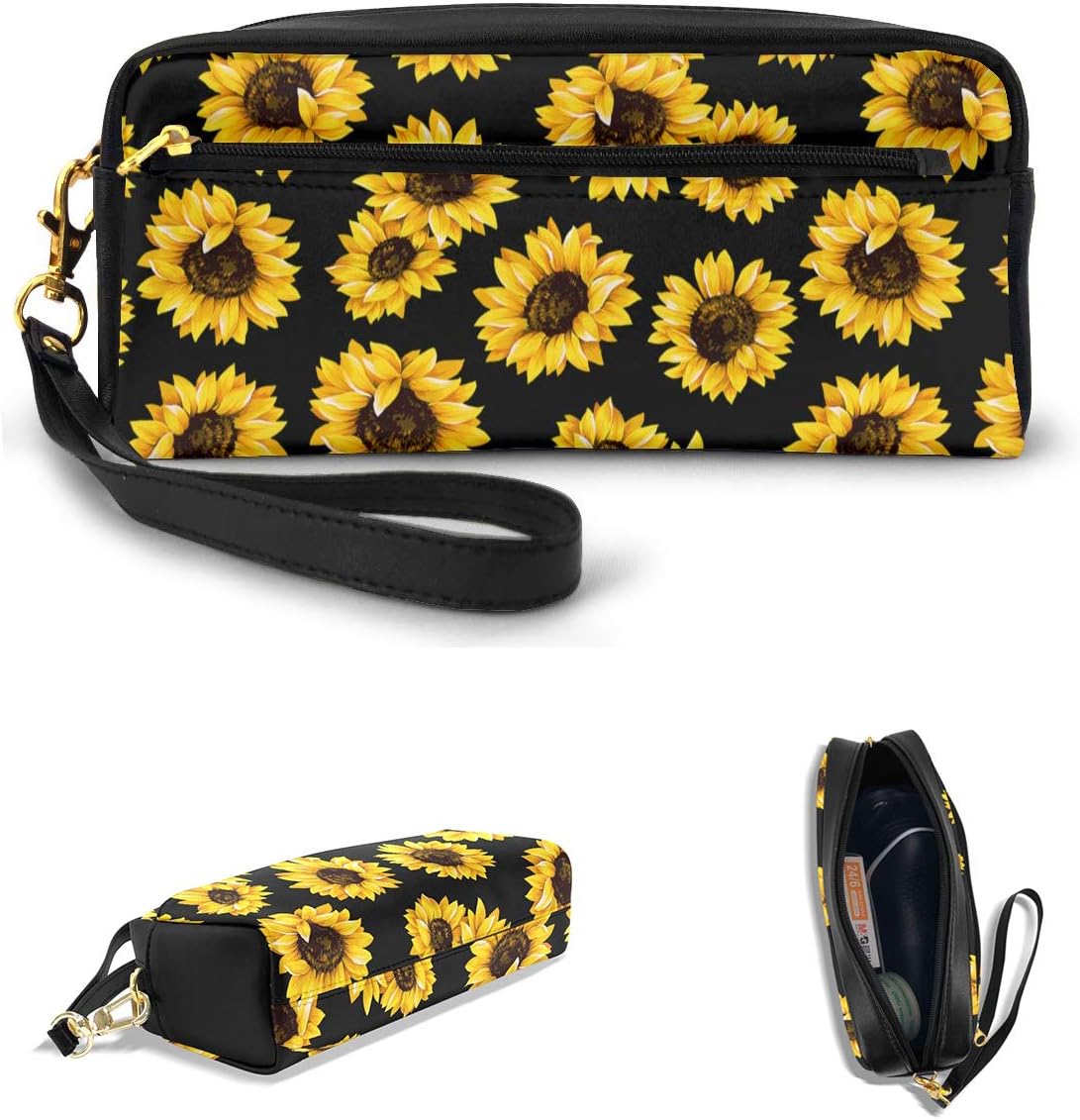 AHOOCUSTOM Cute Sunflowers Pencil Case for Teens Girls Women, School Stationery Accessory Kids Boys Zipper Pouch, Office Organizer Soft Travel Toiletry Gold Stand up Makeup Bag Portable Stuff
