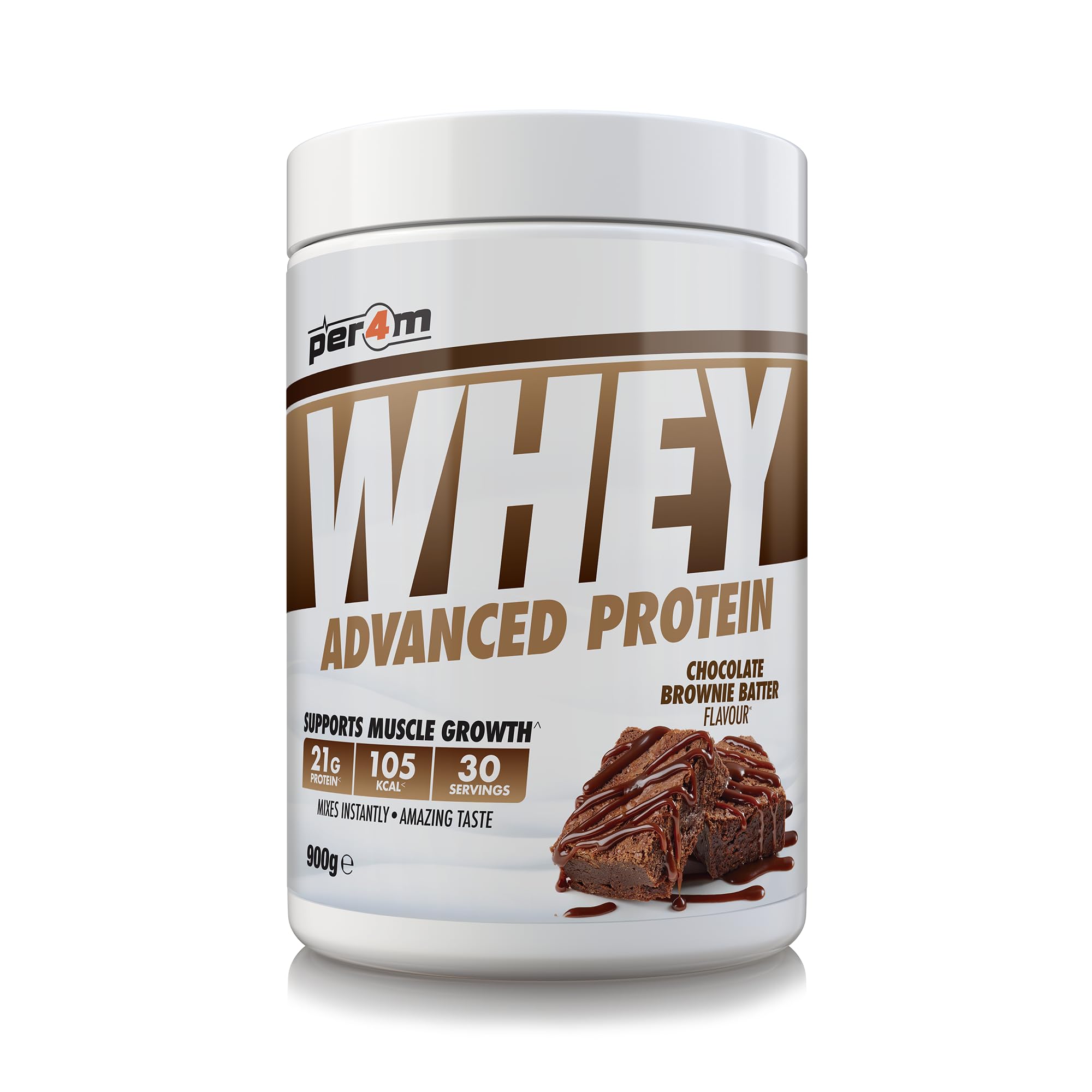 Per4m Whey Protein Powder | High Protein Shake for Muscle Growth & Recovery | Low Sugar Gym Supplement | Sports Nutrition Drink + Amino Acids (900g, Chocolate Brownie Batter)