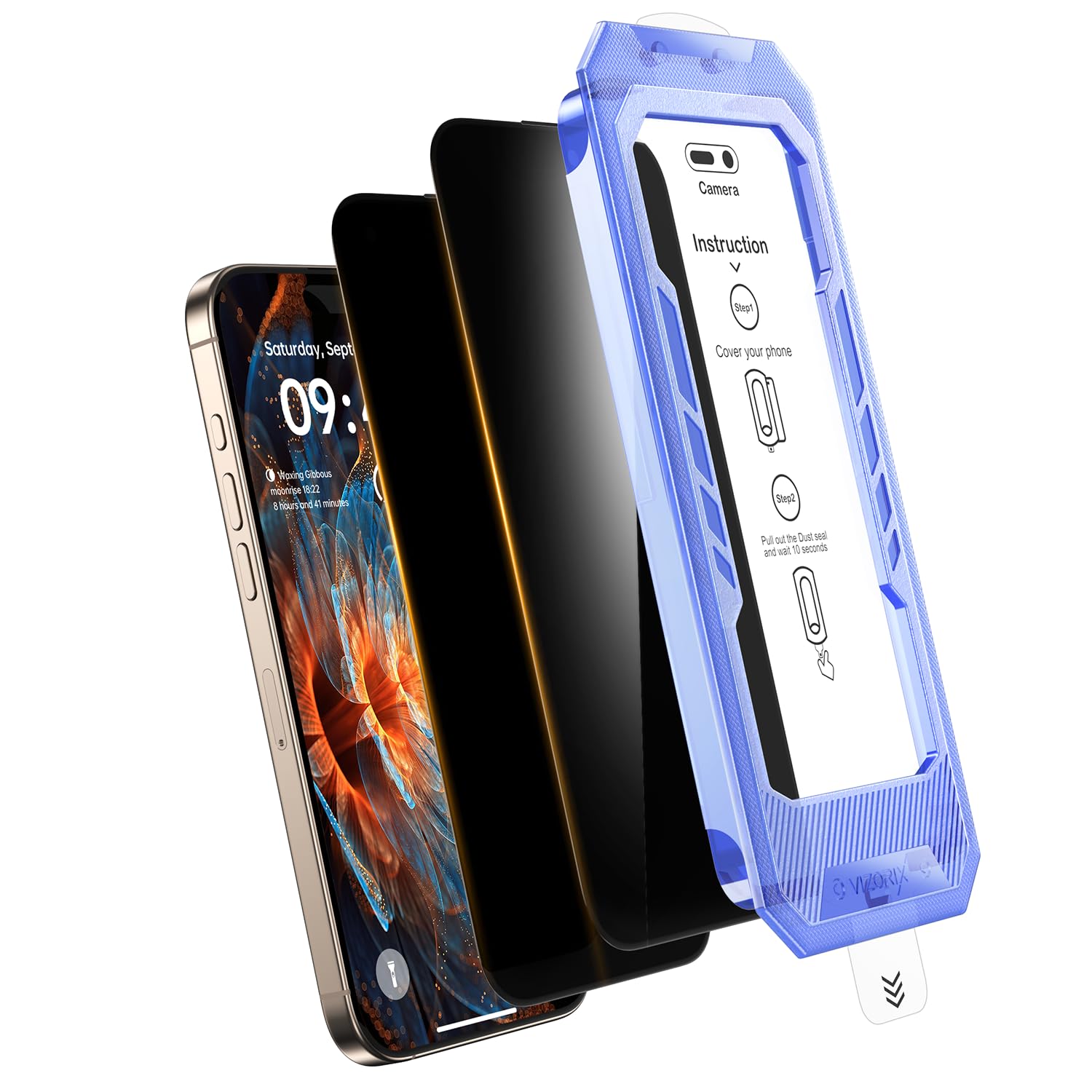 VIZORIX 2-Pack for iPhone 15 Privacy Screen Protector,Easy to Install,Anti-spy,Auto-Dust Removal,Military Grade Protection, Bubble-Free,Full Coverage,Case Friendly,9H+ Tempered Glass