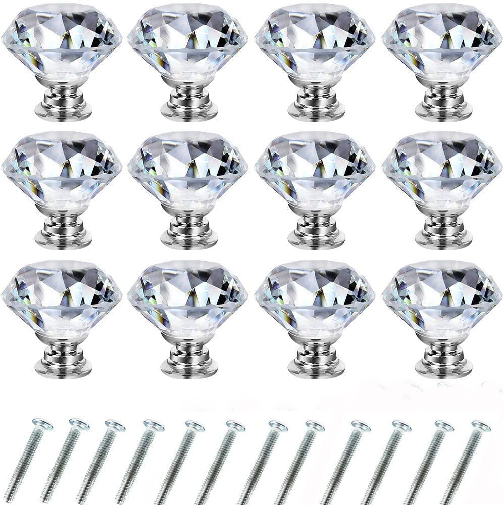 Wajade 12 Pack 30mm Drawer Knobs Crystal Cabinet Knobs Diamond Shaped Glass Cupboard Handles Zinc Alloy Drawer Handles with Screws(Clear Diamond,Silver Base)