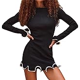 Eilova Orityle Womens Elegant Sweater Dress Ribbed Knitted Mini Dress Ruffle Hem Contrast Color Cute Bodycon Dresses