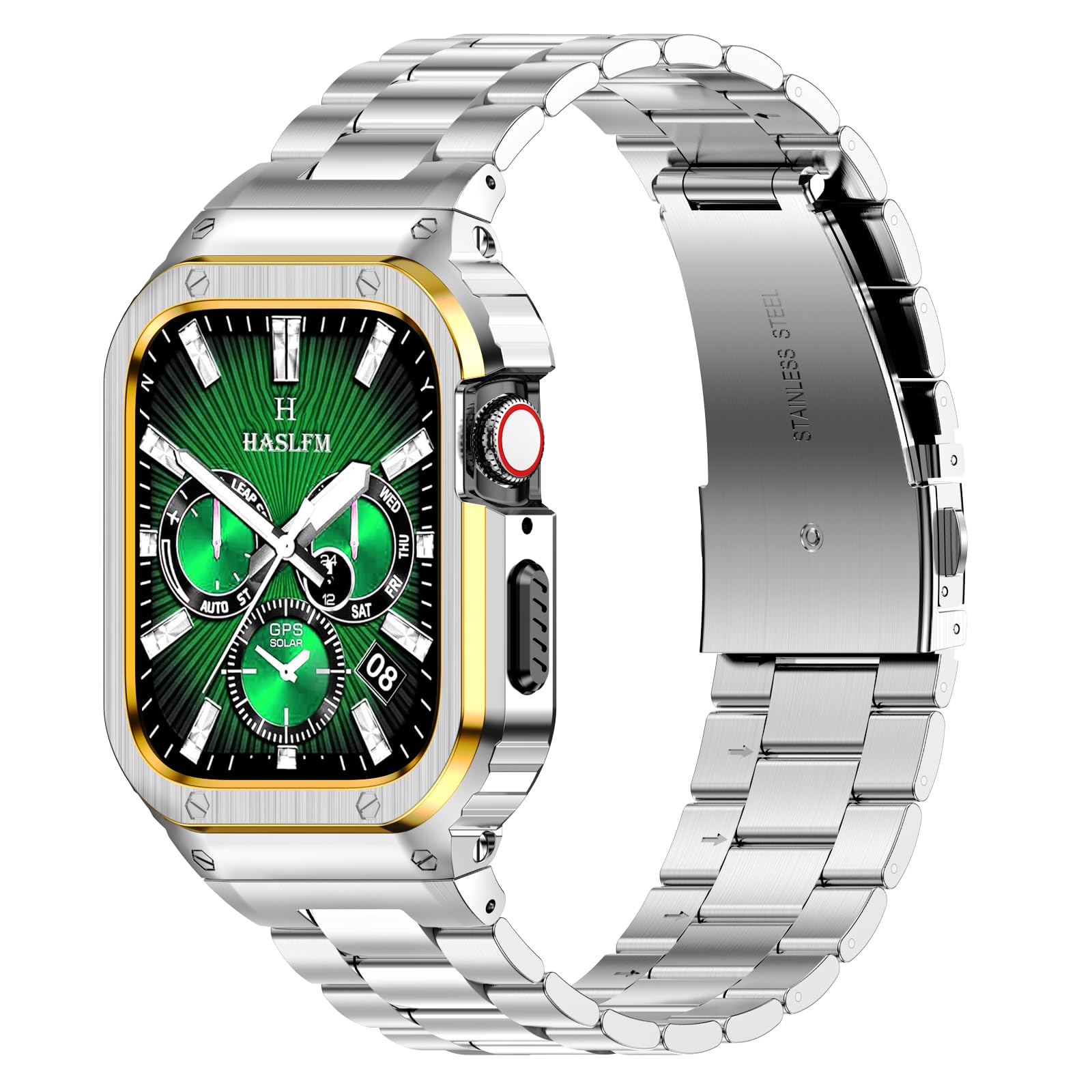 HASLFM Stainless Steel Straps with Case Compatible with Apple Watch Series 9/8/7/SE/6/5/4/3/2/1(41mm/40mm/38mm), Rugged Metal iWatch Band and Protective Cover for Men, Silver/Gold