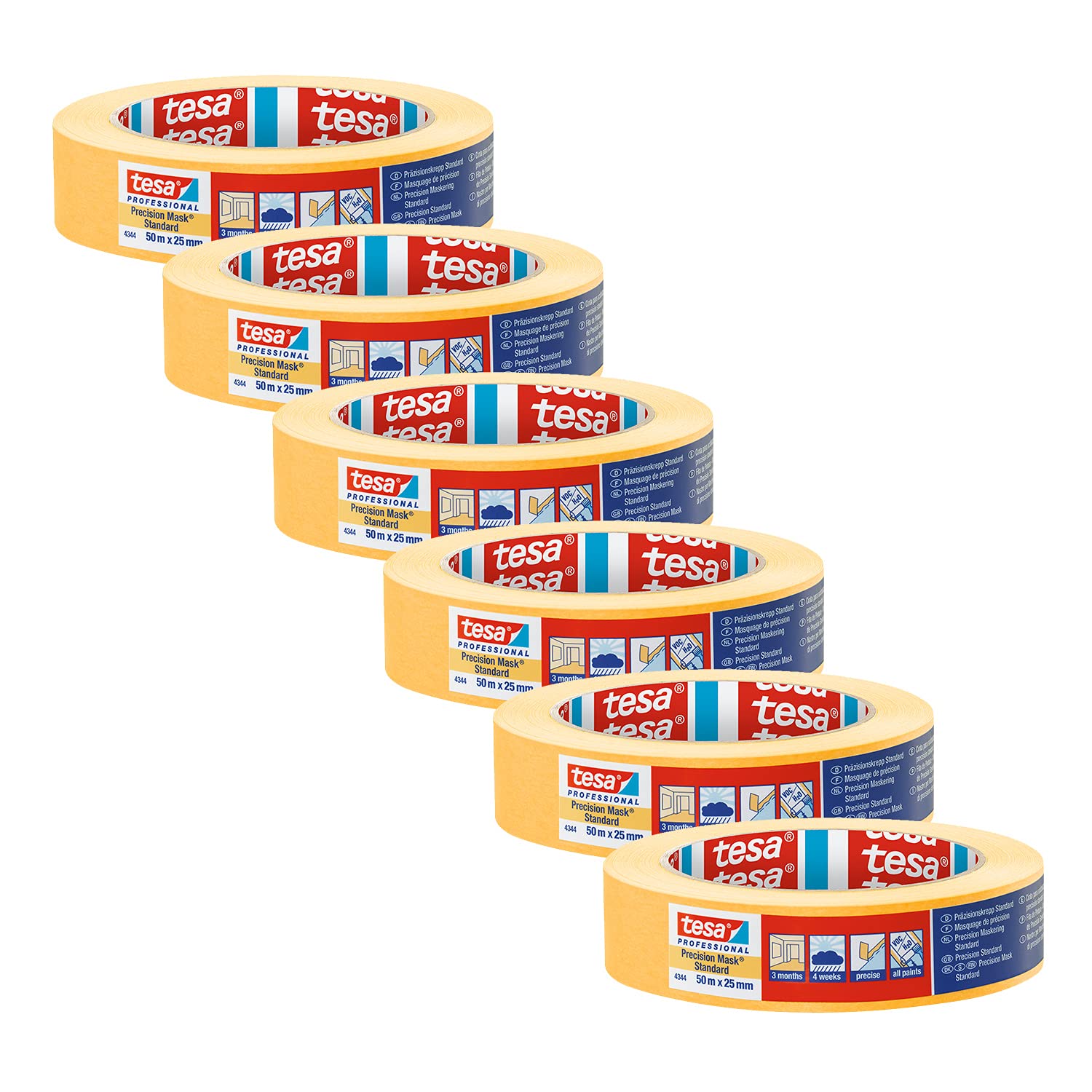 tesa 4334-00001-00 Precision Mask Indoor-Razor Sharp EdgeMasking Tape for Painting and Decorating, Residue Free Removal, 50 m x 25 mm, 6 Rolls