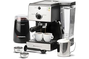 EspressoWorks All-In-One Espresso Machine with Milk Frother 7-Piece Set - Latte Maker Includes Grinder, Frothing Pitcher, Cups, Spoon and Tamper - Coffee Gifts (Stainless Steel)