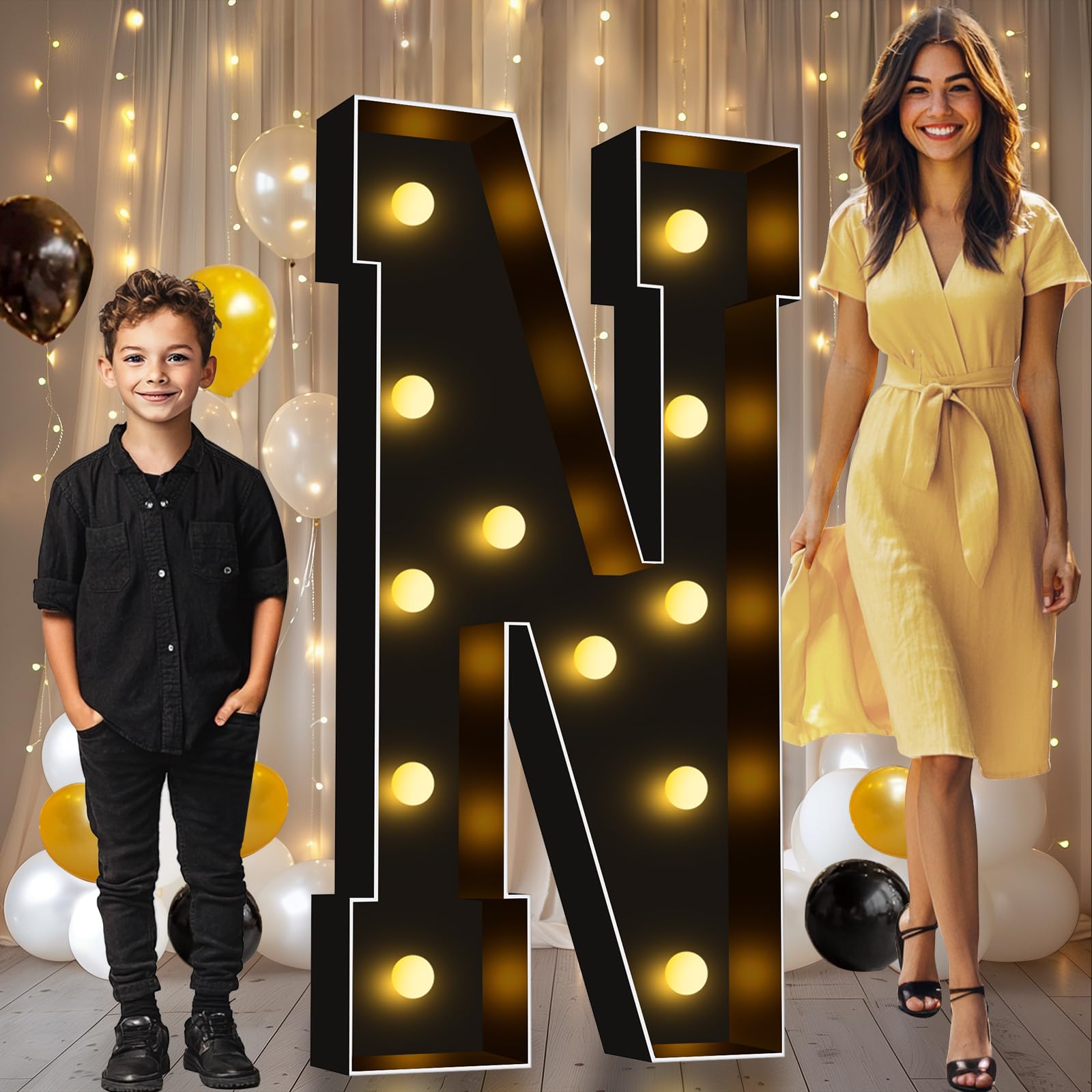 Photo 1 of Pooqla 4 FT Marquee Light Up Letters, Black Letter Lights 4 Feet Tall, Giant Sign Big Mosaic for Balloons Birthday Party Anniversary Wedding Decorations, Warm White N