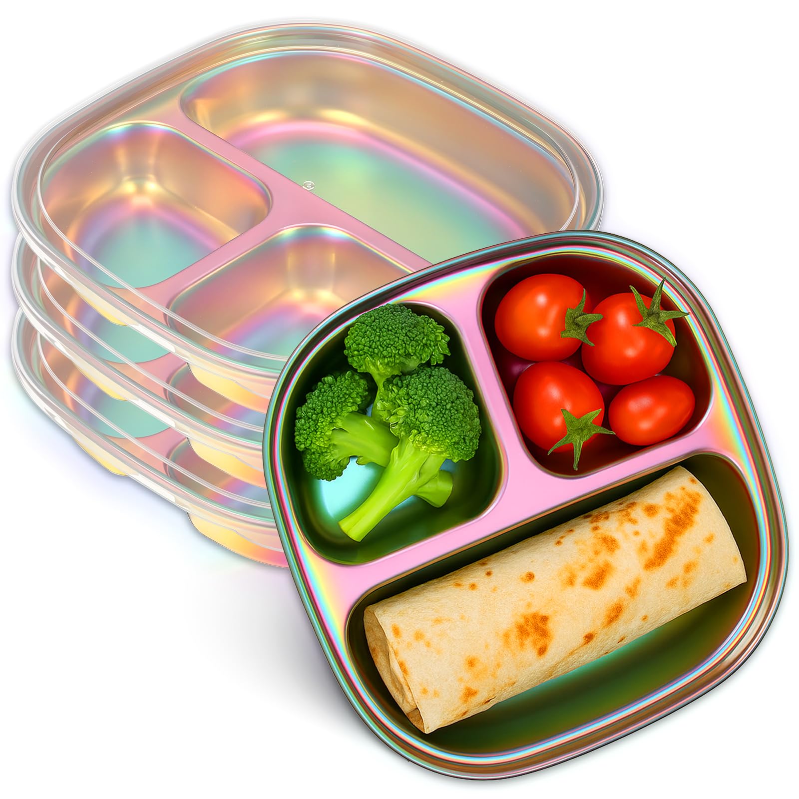 Photo 1 of BOHUIZ 4 Pack Stainless Steel Plates for Kids, Metal Divided Plate with Lids for Toddlers Square Camping Colorful Food Tray Lunch Tray Dishes, Dishwasher Safe