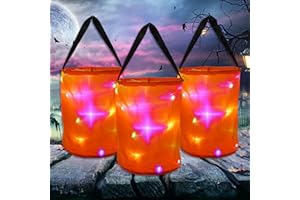 CCINEE 3 Pcs LED Light Halloween Candy Bags for Kids Light Up Multipurpose Halloween Trick or Treat Bucket for Halloween Party Favors Goodie Bags,Orange