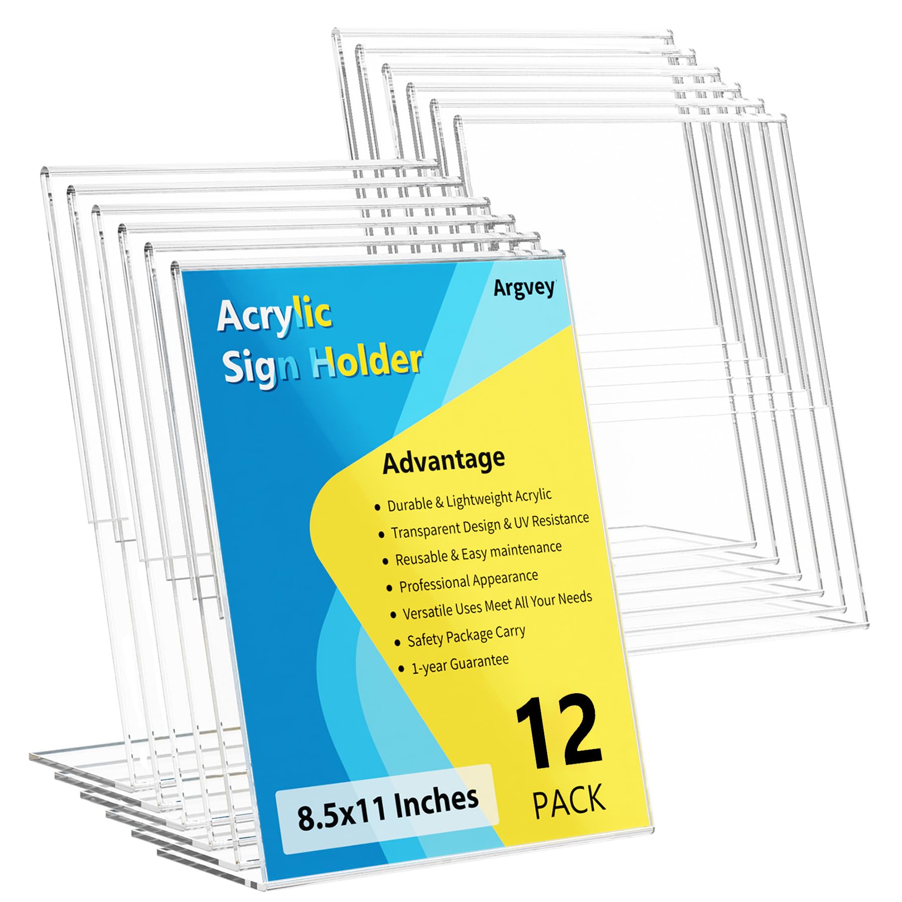 Photo 1 of 12 Pack Acrylic Sign Holder, Clear 8.5 x 11 Inch Slant Back Vertical Sign Holder, Tabletop Plastic Paper Picture Frame Flyer Document Holder Display Stand for Home, Office, Restaurants, and Stores