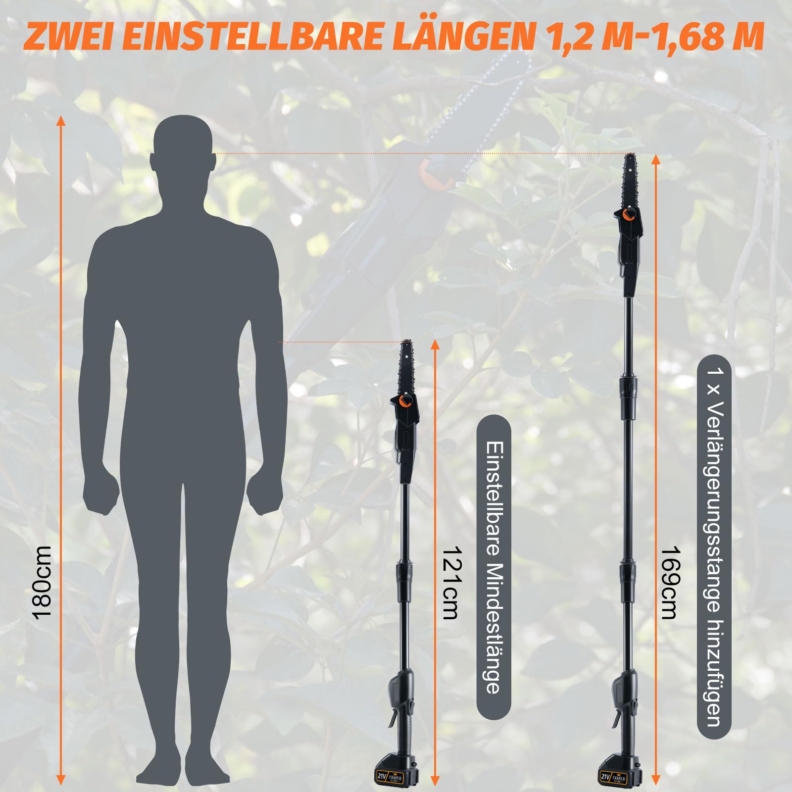 CHANGEMOORE Akku-Hochentaster Elektrisch 21V, 15cm, 10m/s, 1,68m 6