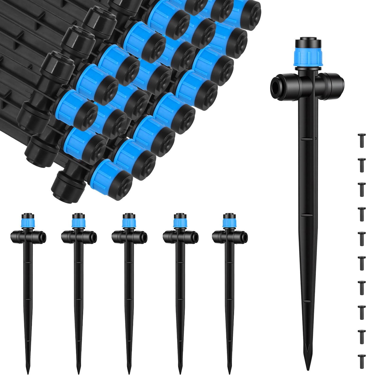 25 Pcs Water Irrigation Drippers, MSDADA Adjustable 360 Degree Fan Sprayer Irrigation Drip Drippers, Drip Irrigation Emitters with Stake, Watering System Accessories Fit for 1/4''(4-7mm) Hose(Blue)