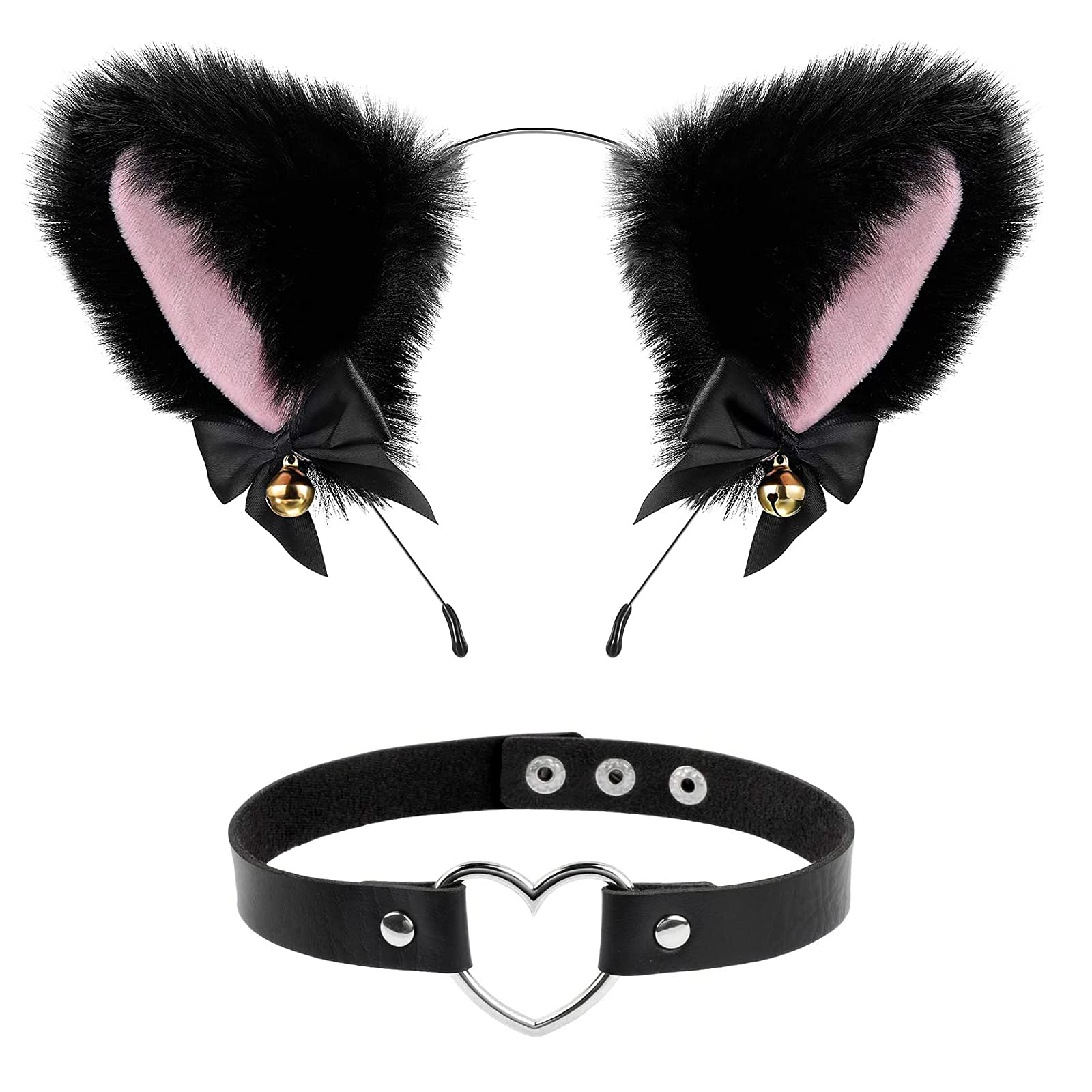 Black Cat Ears Headband - 1Pcs, Cute Cat Hairband, Hair Hoop with Bells & Bow, Hair Accessories, Cat Ears for Girls Women Cosplay Dress Party (pink inner core)