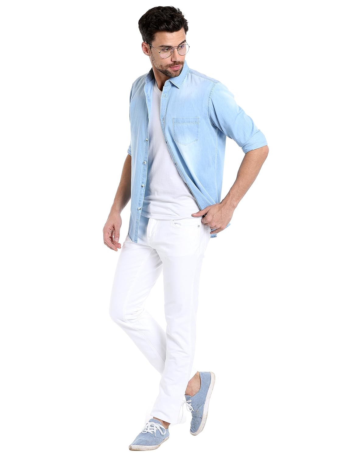 dennis lingo men's denim light blue solid casual shirt