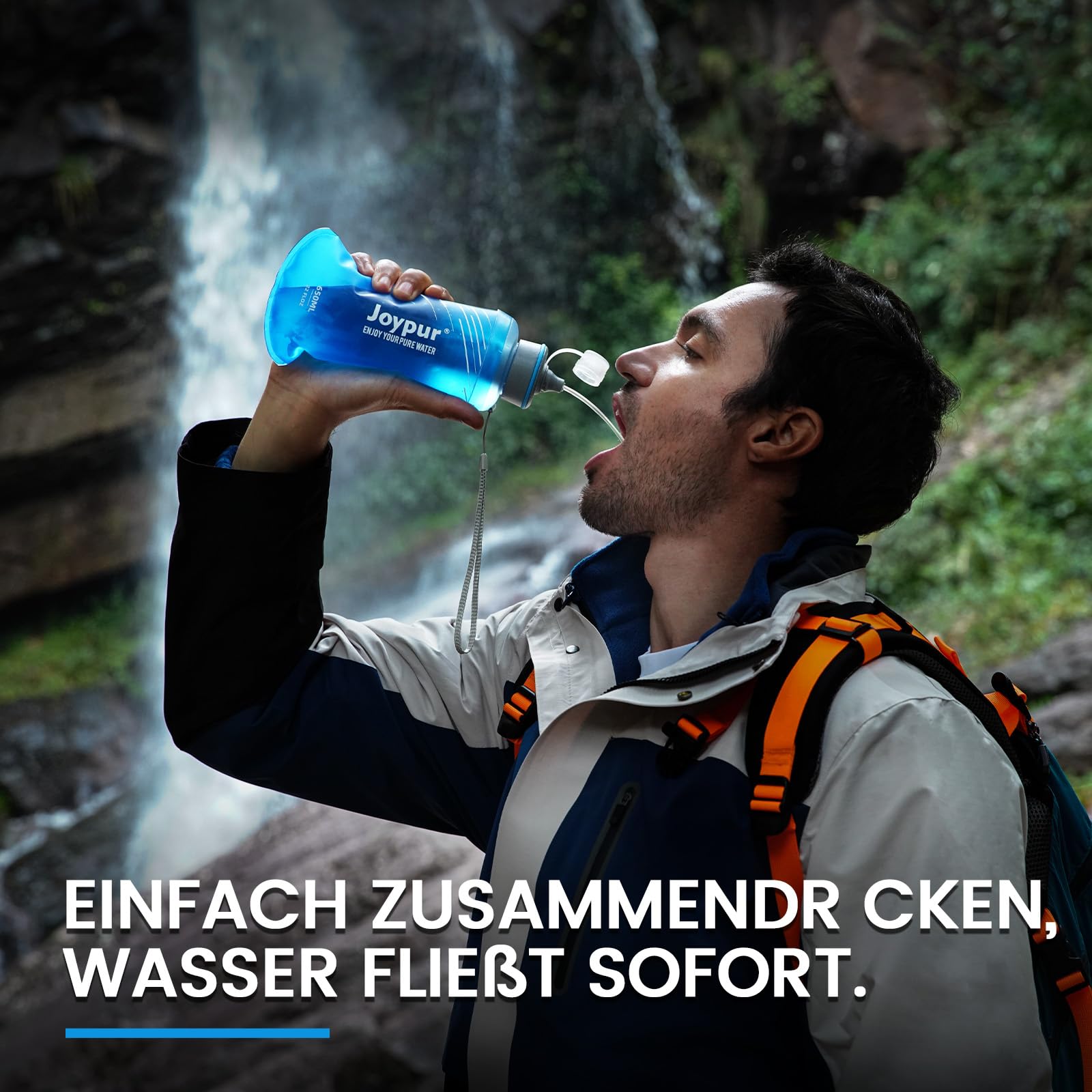 joypur Wasserfilter Flasche 650 ml mit Aktivkohle & Ultrafiltration – 3-Stufen Outdoor Wasserfilter für Trinkwasser, BPA-frei, faltbare Trinkflasche für Camping, Wandern, Notfallvorsorge (Blau) 4