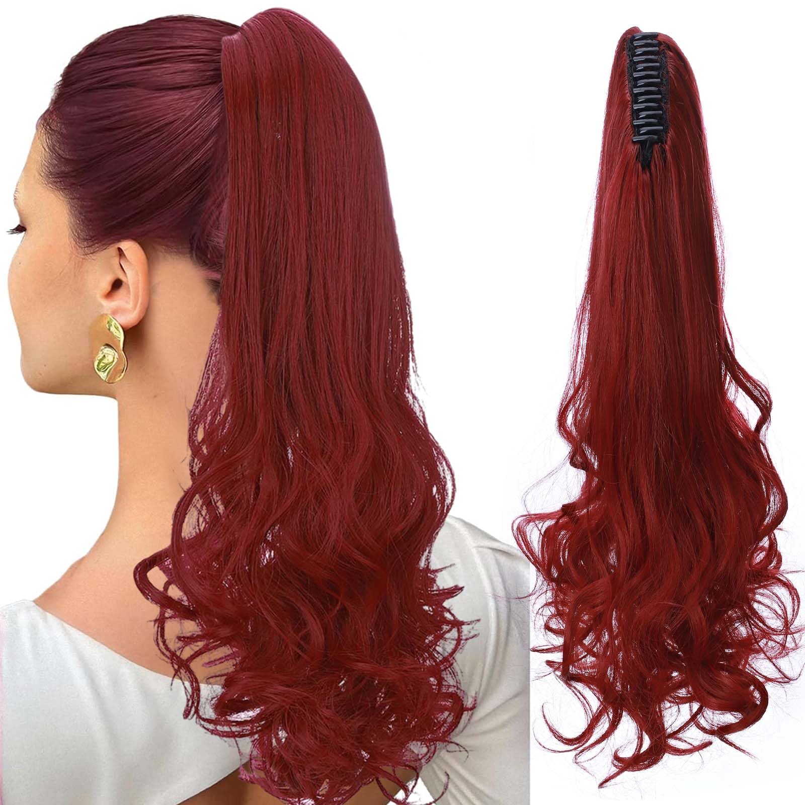 Real Fashion Claw on Clip in Ponytail Extension Long Straight to Curly Pony Tail Hair Extensions For Women 18" Dark Red