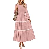 ZESICA Women's Spring Long Sleeve Maxi Dresses 2026 Casual Crewneck Smocked A Line Tiered Flowy Wedding Guest Long Dress