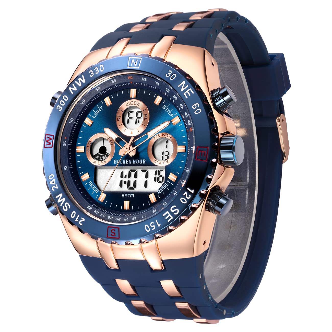 Affute Men's Sports Chunky Watches Waterproof, Stopwatch, Date, Alarm, Luminous Digital Analogue Military Wrist Watch for Men with Rubber Band (Rose Gold Blue)
