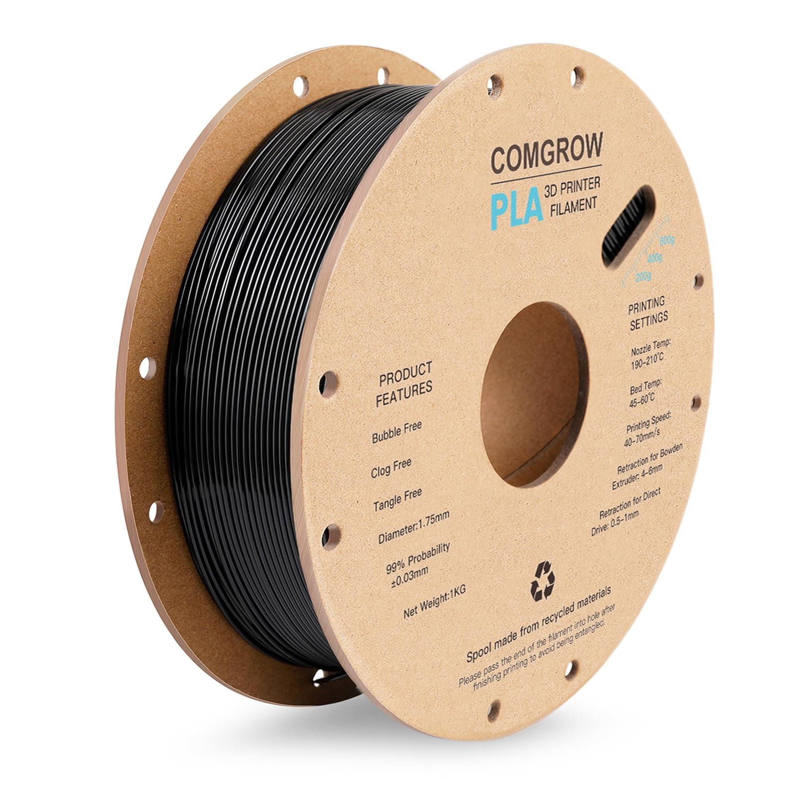 Photo 1 of Comgrow PLA 3D Printer Filament, 3D Printer PLA Filament 1.75mm, Dimensional Accuracy +/- 0.02 mm, 1KG Spool PLA Black