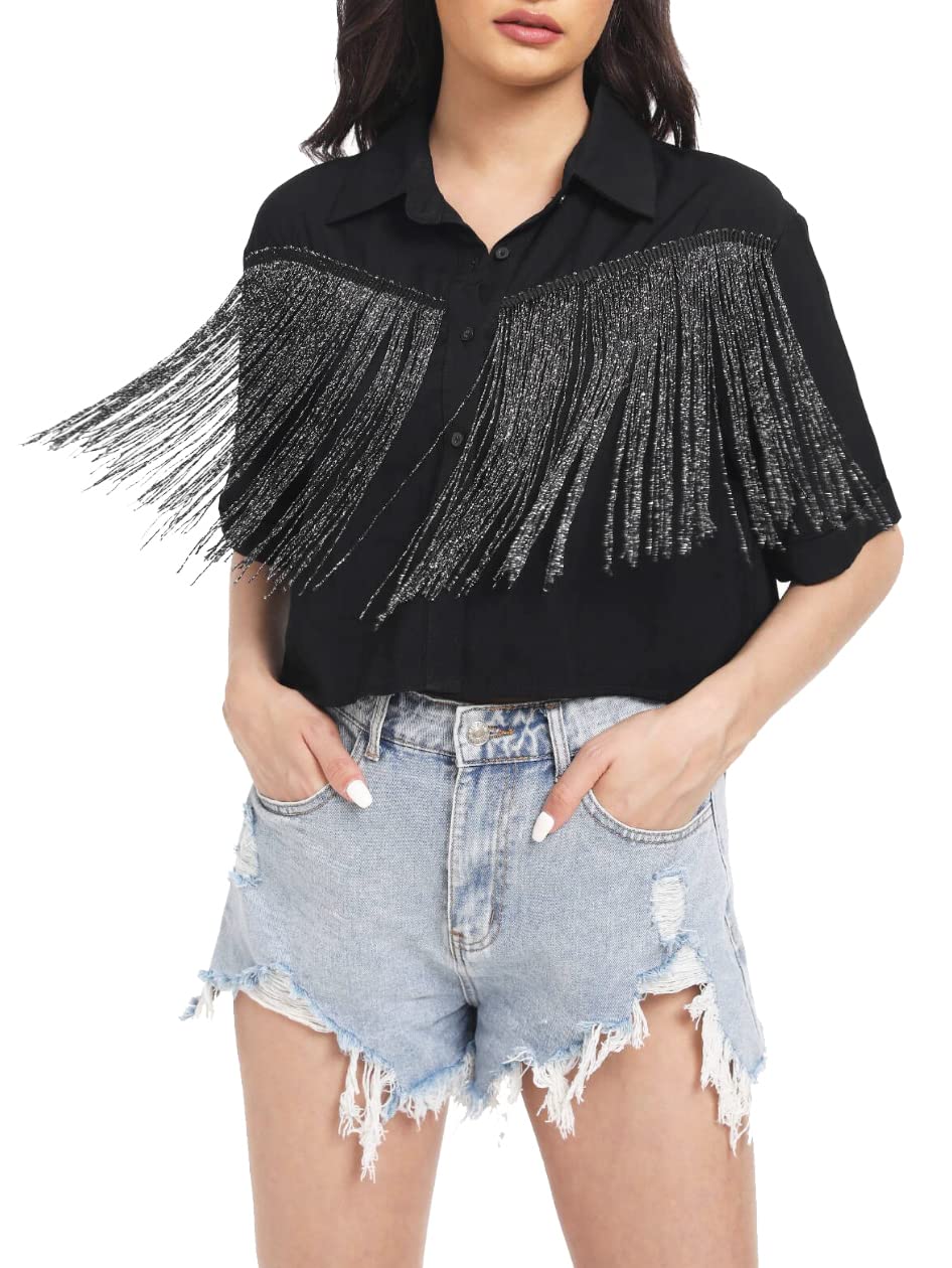 Photo 1 of (large) (bagged) Verdusa Women's Fringe Trim Short Sleeve Button Up Blouse Shirt Crop Top Black L