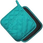 YEKOO 2Pcs Cotton and Neoprene Oven Pads Pot Holders with Pocket 8"x8.5" Dual-Function Hot Pad Set for Finger Hand Wrist Protection Heat Resistant to 428°F Teal,Green