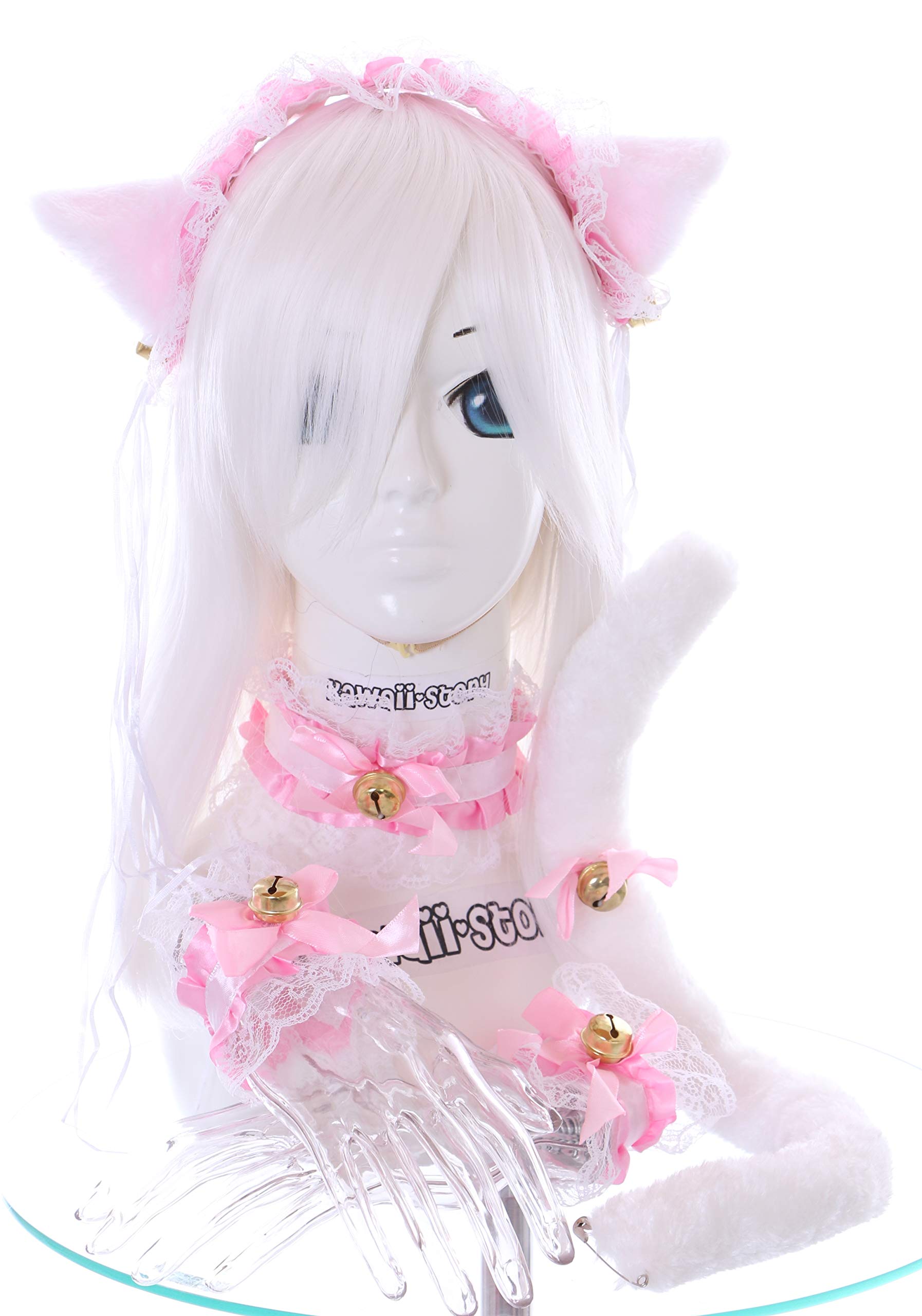 Kawaii-Story C-12-1 White Pink Gothic Lolita Maid Cat Ears Headband Collar Bracelet Tail Set Cosplay
