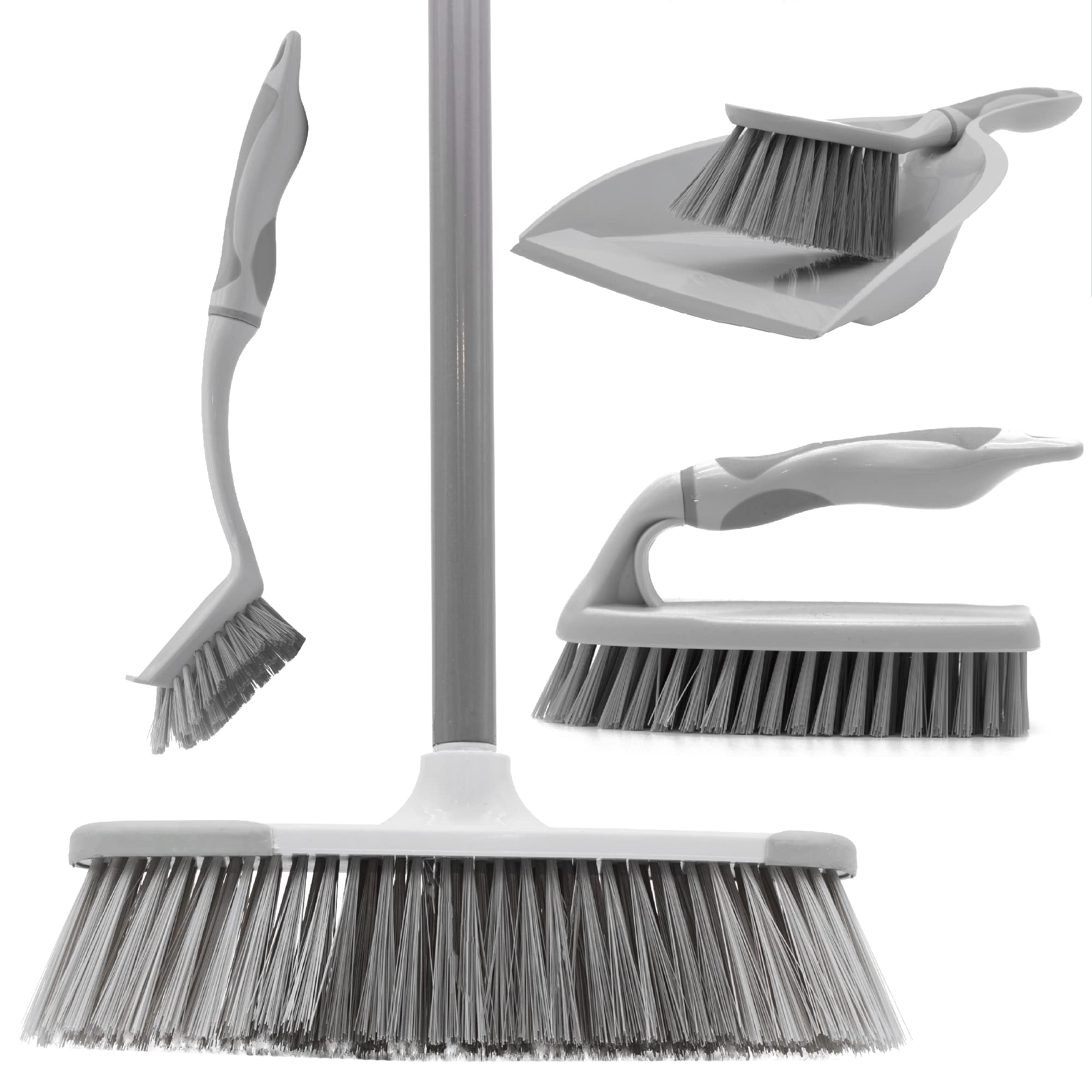 OurHouse 5 Piece Cleaning Set, Features Five Essential Cleaning Tools Including Dustpan & Brush, Long Handle Broom, Washing Up Brush, and Handheld Scrubber, Kitchen Lobby Floor, Any Room in the House